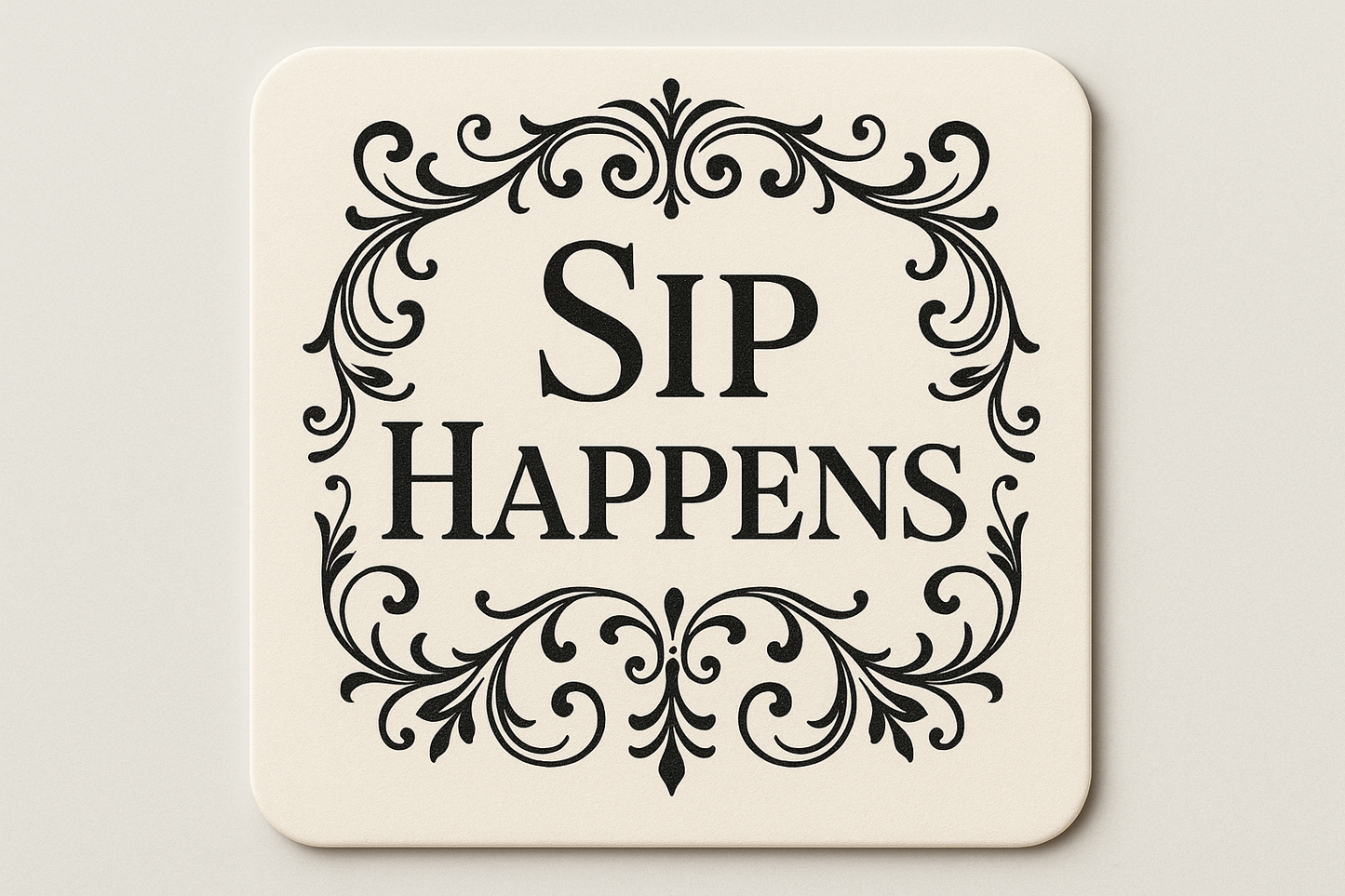 monogram square coaster design that says Sip Happens