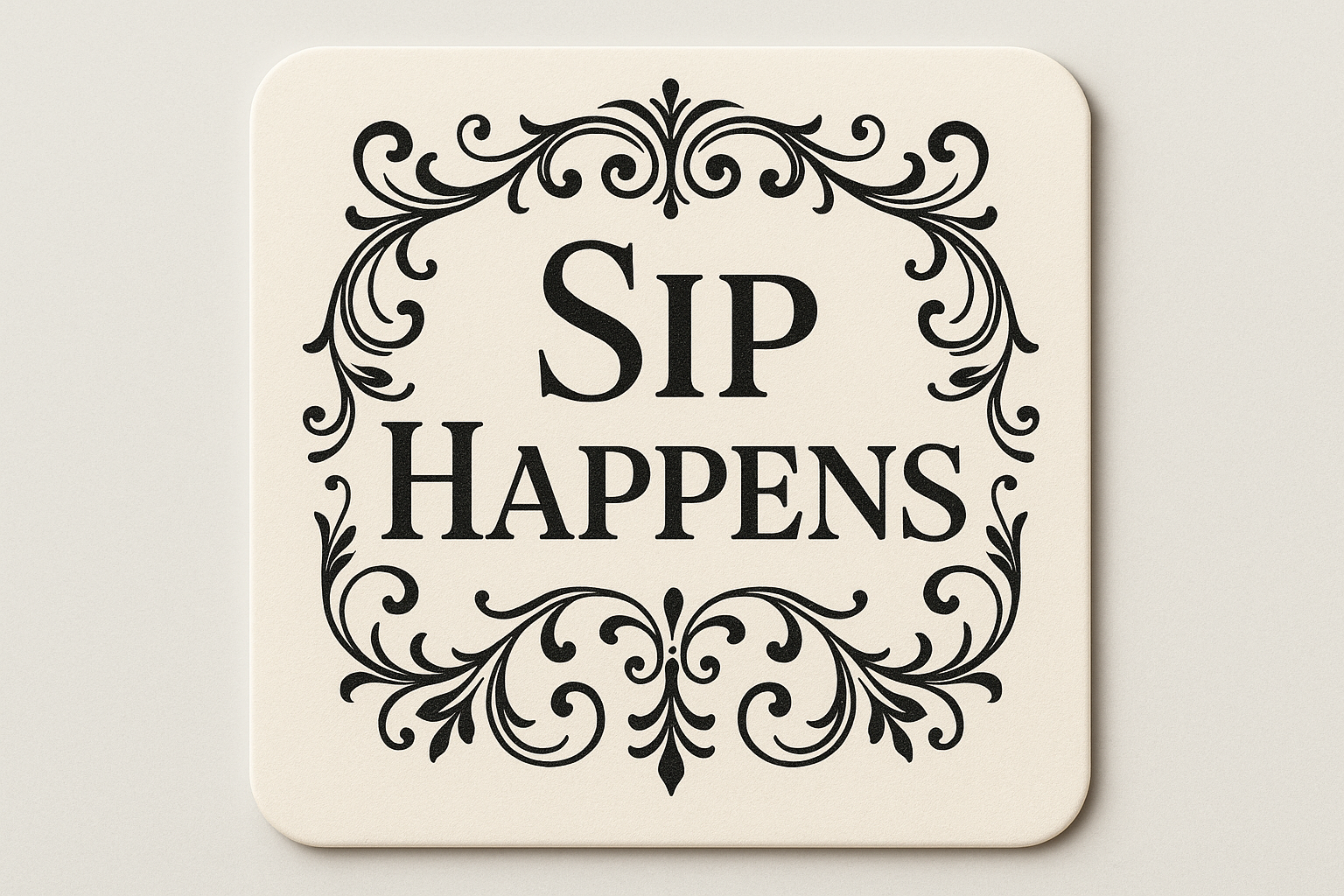monogram square coaster design that says Sip Happens