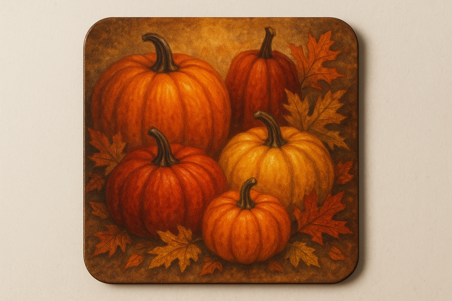 square coaster that has fall pumpkins on it
