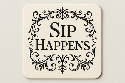 monogram square coaster design that says Sip Happens